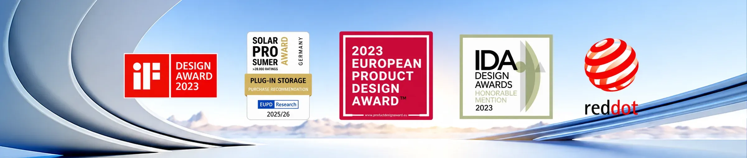 iF Design Award 2023, Solar Pro Sumer Award Germany for plug-in storage, 2023 European Product Design Award, IDA Design Awards Honorable Mention 2023, and Red Dot.