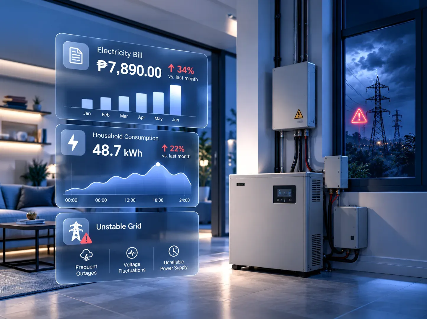 A living room at dusk with a MARSTEK battery installed. Floating panels report an electricity bill of ₱7,890, up 34% on last month; household consumption of 48.7 kWh, up 22%; and an unstable grid with frequent outages, voltage fluctuations and unreliable power supply.