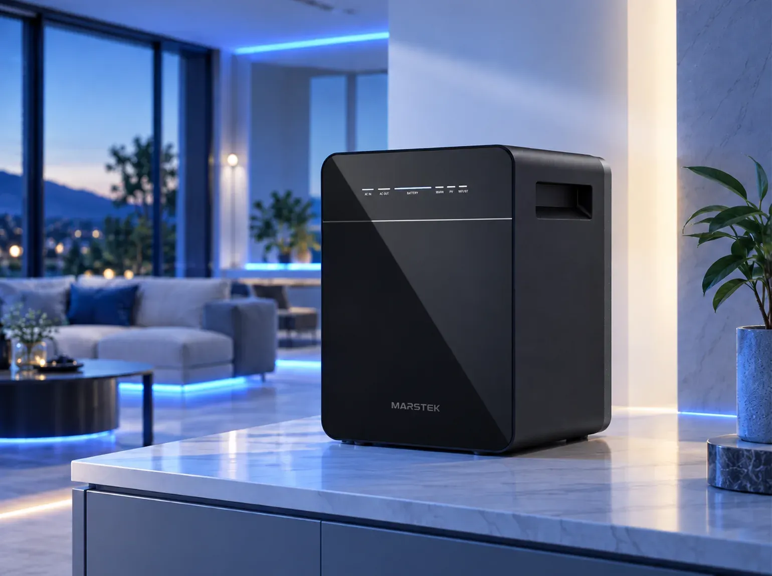 A black MARSTEK portable power station on a marble countertop in a modern living room at dusk, with blue accent lighting and floor-to-ceiling windows looking out over a city at twilight.