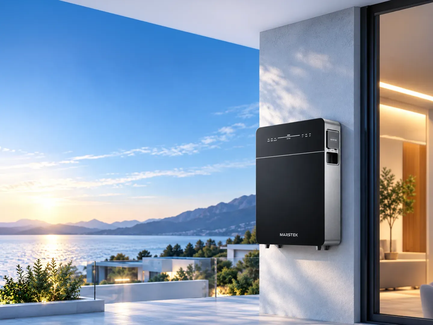 A MARSTEK home energy storage system mounted on the outside wall of a seaside terrace, with the sun setting over the sea and mountains.